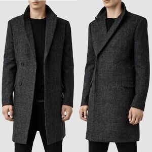 AllSaints Mallieus Men’s Wool Plaid Yuto Pea Coat Charcoal Gray Size Medium 38